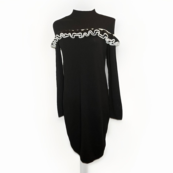 ASOS Womens Ruffle Shoulder Sweater‎ Dress Black White Size 2 Acrylic Blend - Picture 1 of 9
